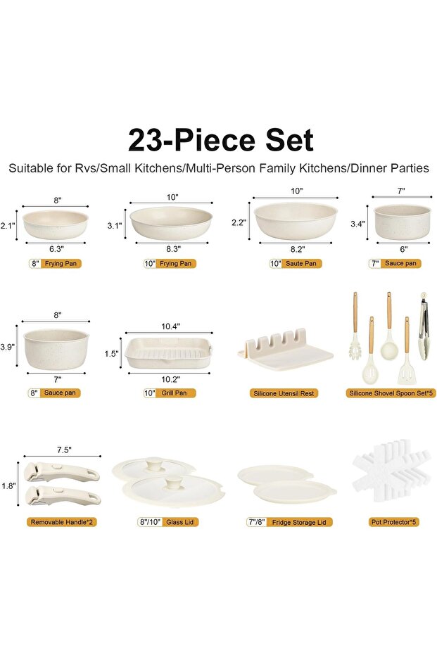 Ceramic Cookware Set Non Stick, 23PCS Pots and Pans Set Detachable Handle, Cream White