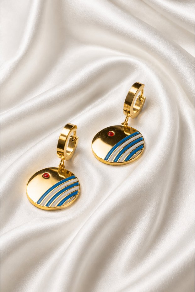 Gold Color Dangle Stainless Steel Earrings with Blue and White Detail