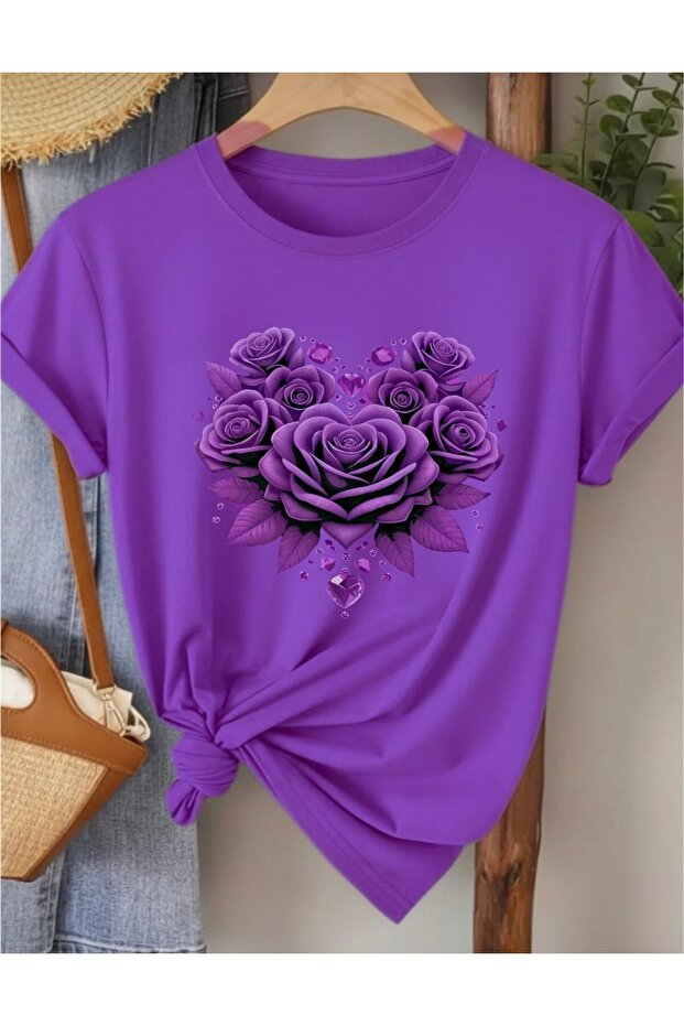 New Season Roses Printed 100% Cotton Plus Size Women's T-Shirt