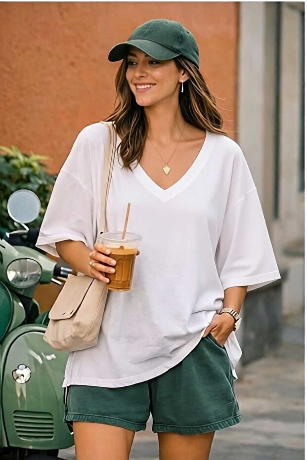 Women's V-Neck White Solid Color Cotton T-Shirt