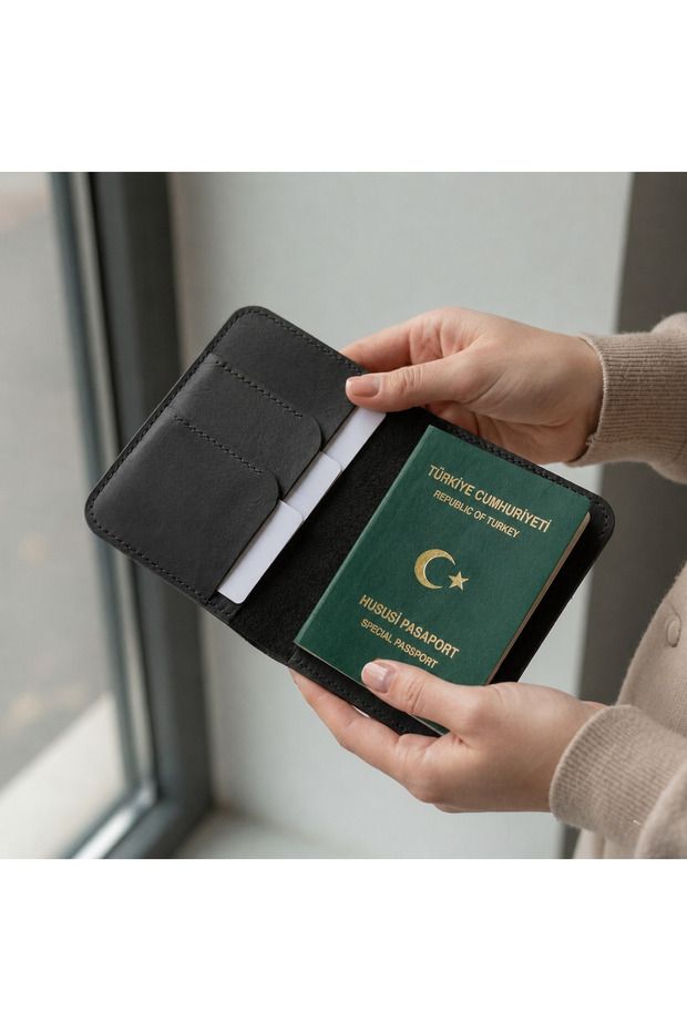 Genuine Leather Passport Cover – Travel Wallet with Card and Id Compartments - Black