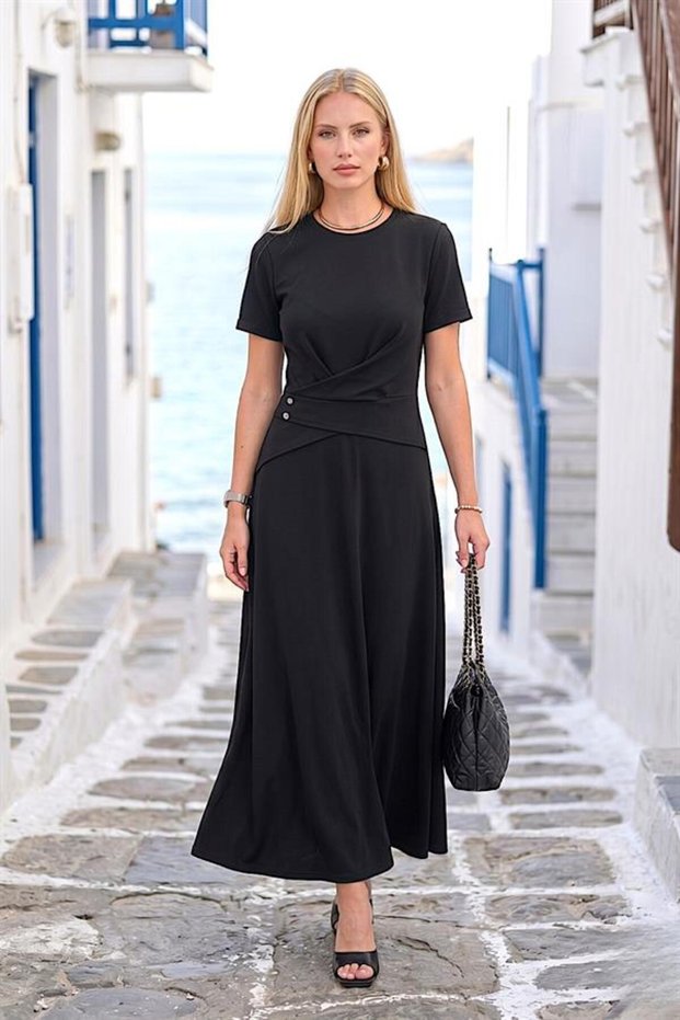 Black Front Detailed Long Modal Dress