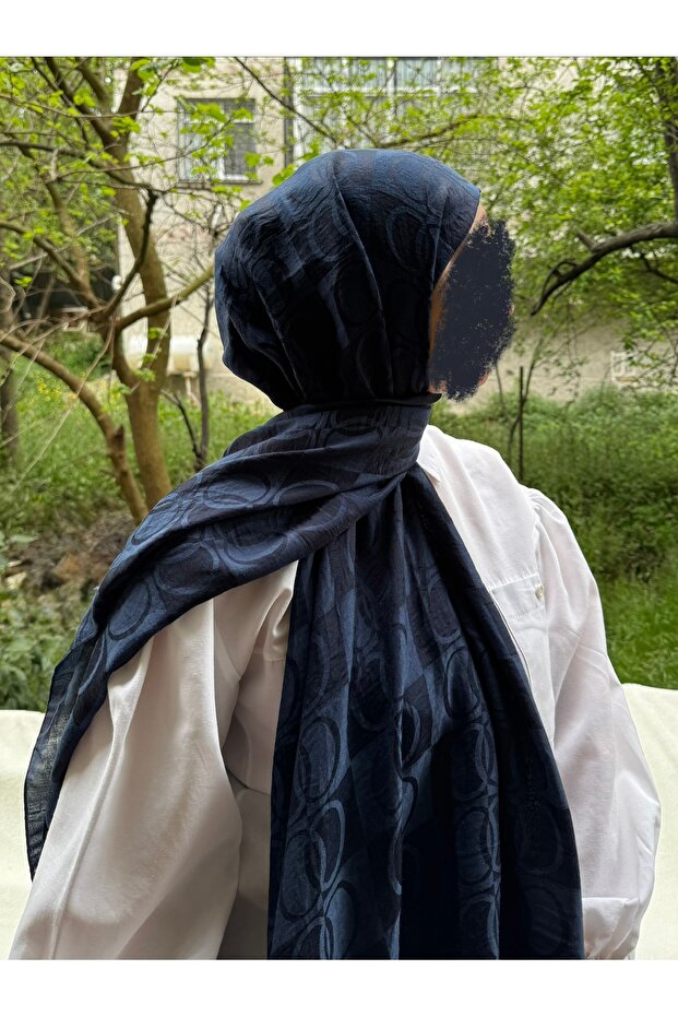 Hijab Cotton Soft Textured Big Loop Pattern Jacquard Shawl Navy Blue