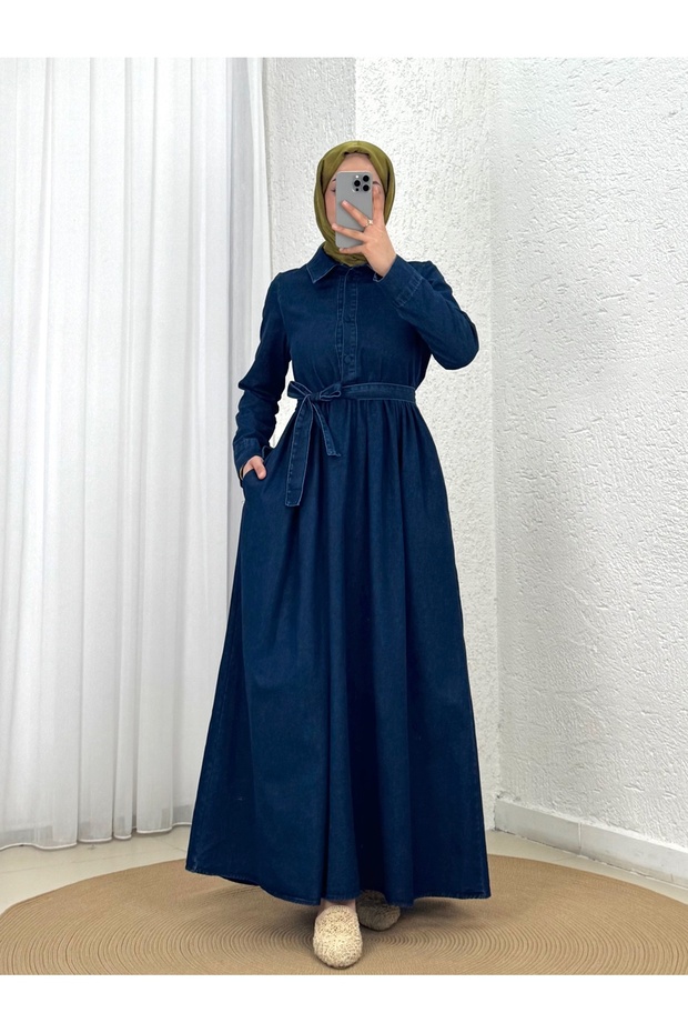 Berfu Half-Pleated Waist Gathered Denim Dress-Ml2605 Denim Color