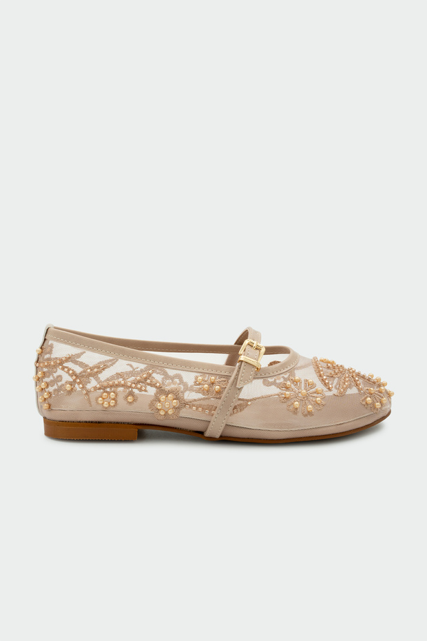 Kai Pearl Embroidered Women's Nude Flat Ballerinas