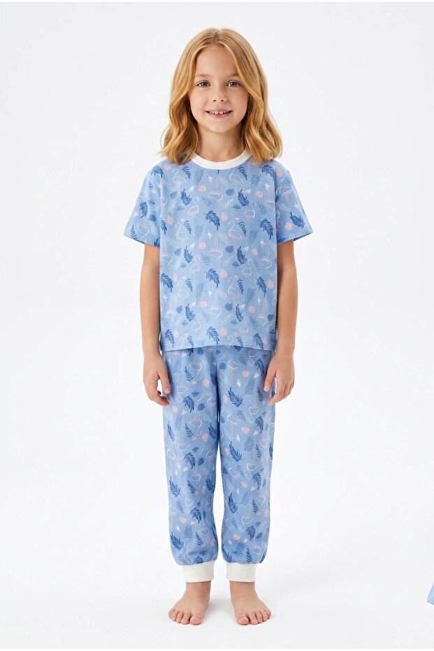 Girls' Pajama Set 100% Cotton Flamingo Patterned Summer Short Sleeve
