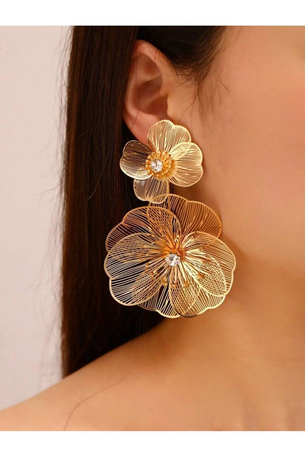 Gold-color 1pair Hollow Flower Tassel Earrings, Luxury High-End Fashion Accessory For Women Valentin