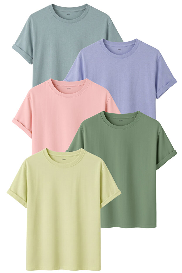 Men's 5-Piece Basic T-Shirt Pack Mint Blue Powder Yellow Color Comfortable Cut Cotton T-Shirt