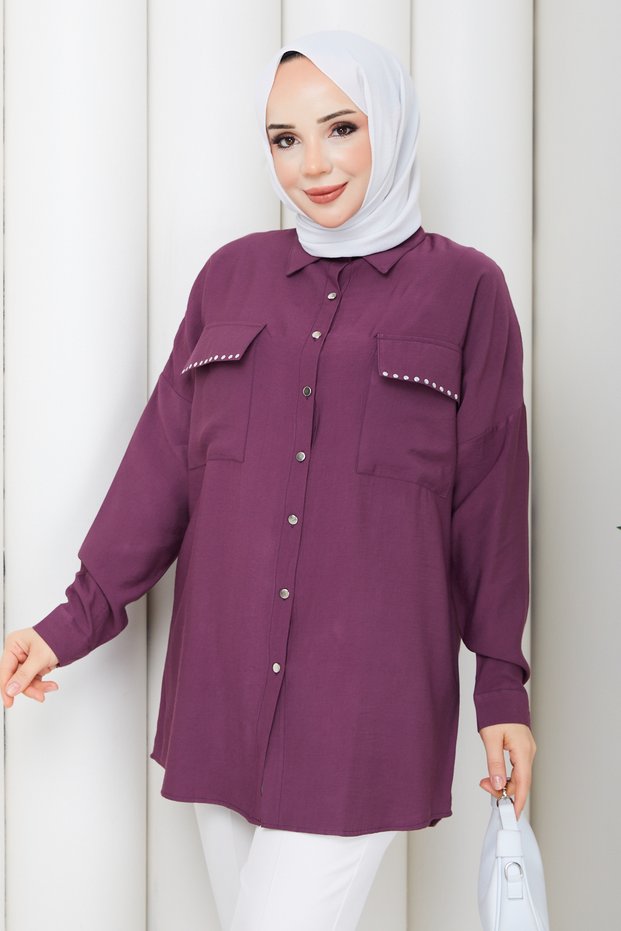 Women's Stone Embellished Pocketed Shirt Tunic