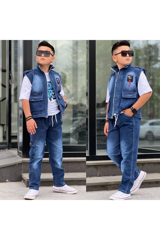 Boy's 3-Piece Denim Set with Cargo Pocket Detail - 100% Cotton 3-Piece Holiday Set