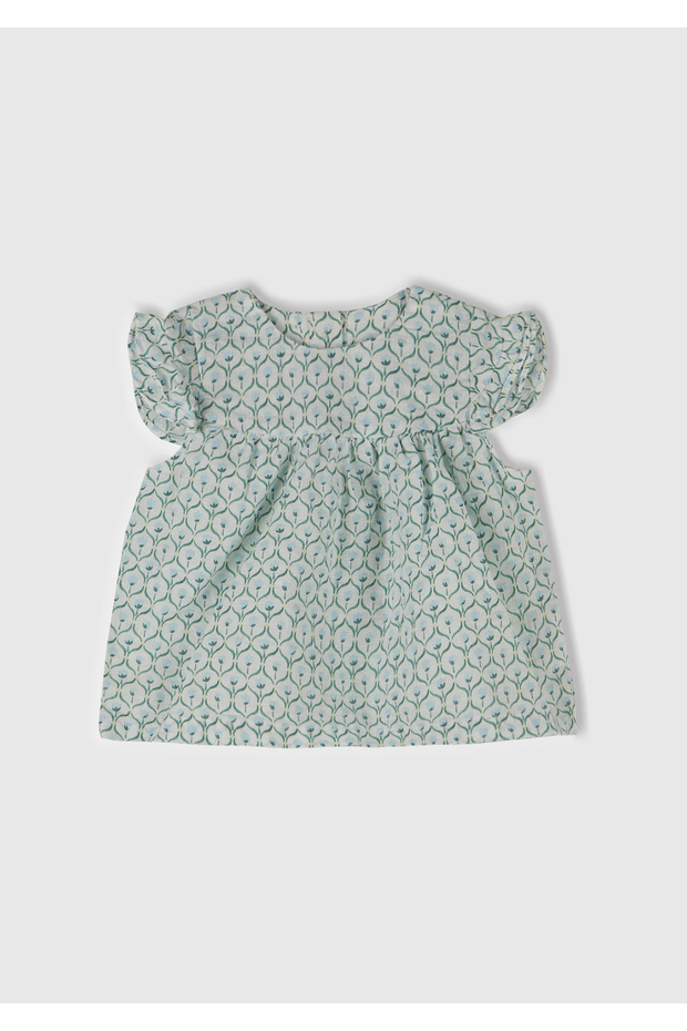 Baby Ice Blue Fully Patterned Shirt with Ruffled Sleeves and Buttoned Back