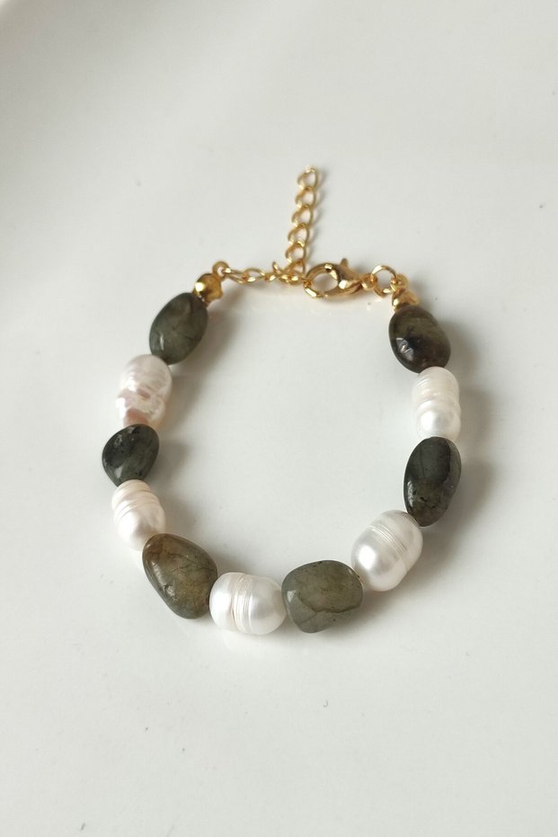 Certified Real Barley Pearl, Amorphous Labradorite Natural Stone Bracelet