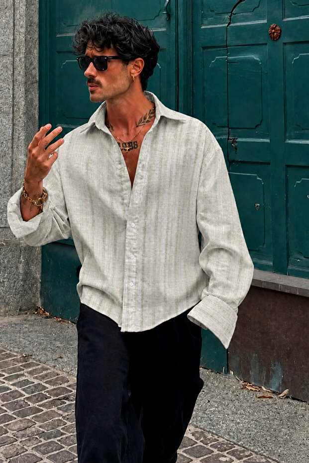 Men's Linen Blend Oversize Striped Shirt Striped Comfortable Fit Summer Long Sleeve Shirt