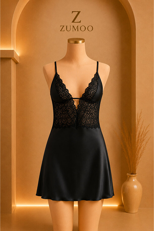 Black Satin Transparent Lace Thin Strap Women's Nightgown