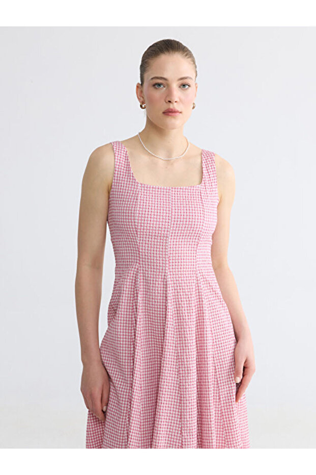 Square Neck Plaid Waist-Slit Dress