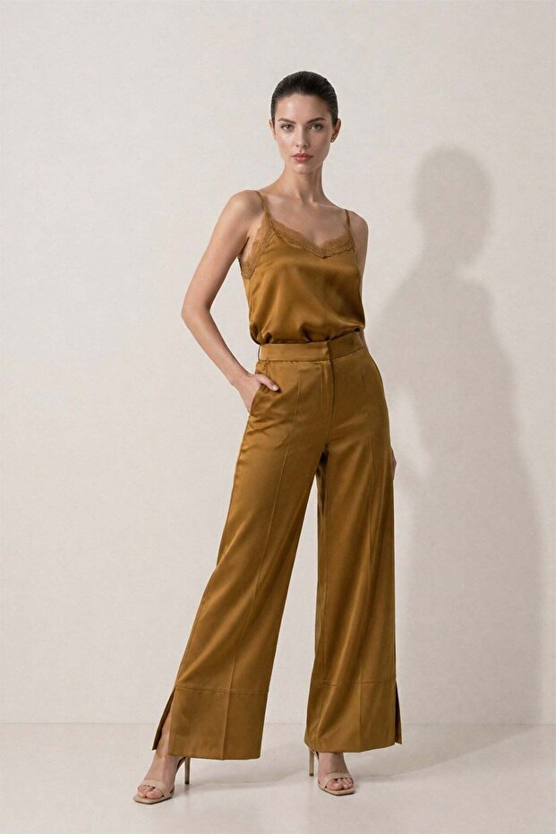 Camel Satin Comfortable Cut Trousers with Pocket and Leg Details