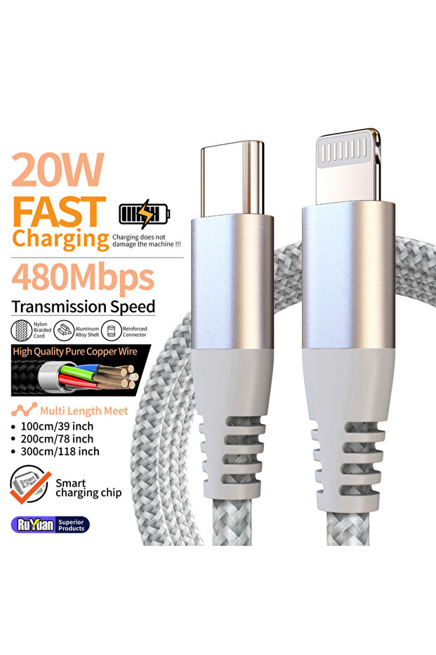 كابل بيانات USB-C إلى Lightning معتمد من MFI بطول 2 متر، كابل نايلون مضفر سريع الشحن بقوة 20 واط لأجهزة آيفون