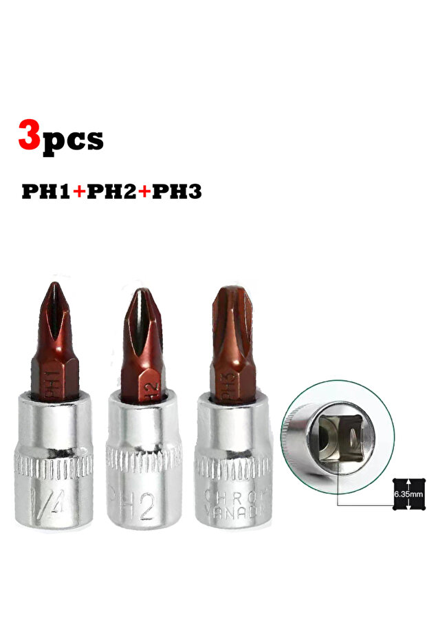 طقم مفكات فيليبس فضية 3 قطع (PH1-PH2-PH3) - رؤوس مفك فيليبس مقاس 1/4 بوصة (PH1 PH2 PH3)