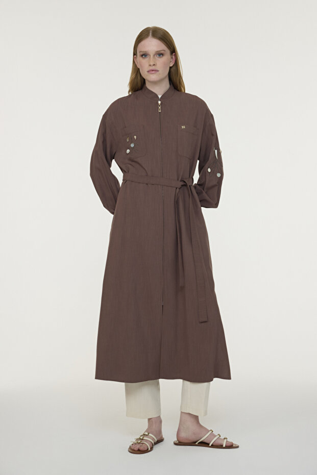 Zippered Belted Embroidery Detailed Brown Giy Çık 0011