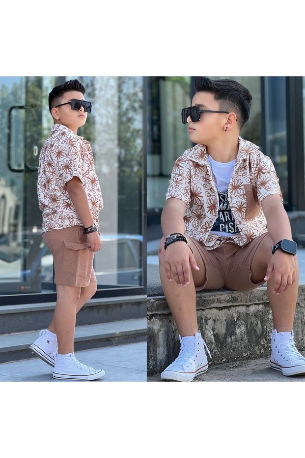 Boy's Muslin Summer Floral Patterned 3-Piece Set - Shorts - Printed T-Shirt - Floral Patterned Shirt 100% Cotton 3-Piece Holiday Set
