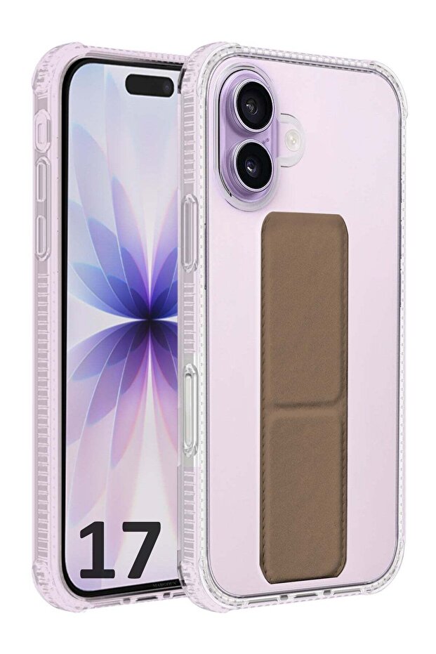 Finger Grip Clear Case Cover for iPhone 17- Kickstand Car Magnetic Holder Multi-function Protective Two-in-one Case - Brown