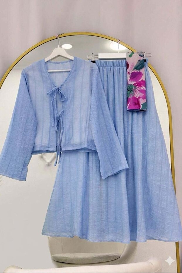 Muslin Textured Tie Skirt Set Blue