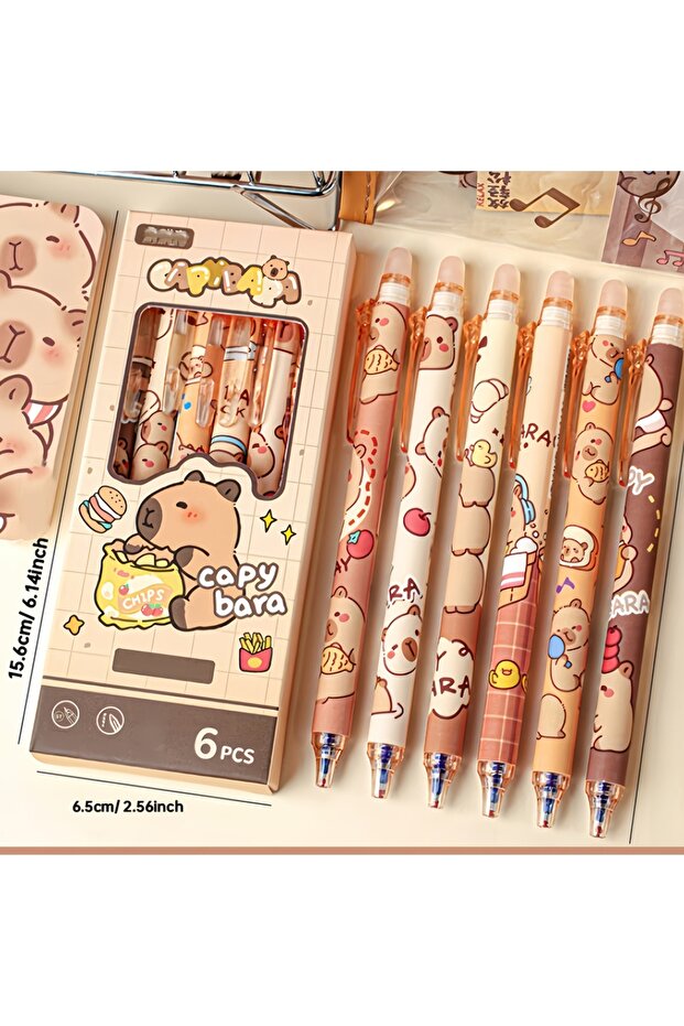 style a no box 6pcs Cute Capybara Erasable Gel Pens | 0.5mm Retractable Blue Ink for School & Offic