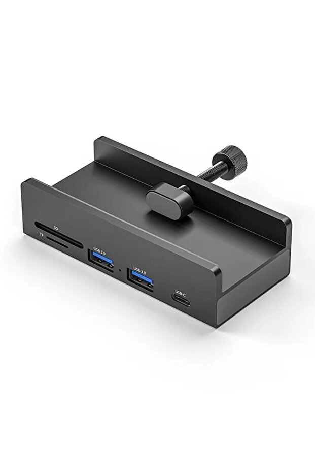 موزع USB-C بـ 4 منافذ من الألومنيوم الأسود مع قارئ بطاقات SD/TF، ومحول طاقة تيار مستمر، ومقسم USB