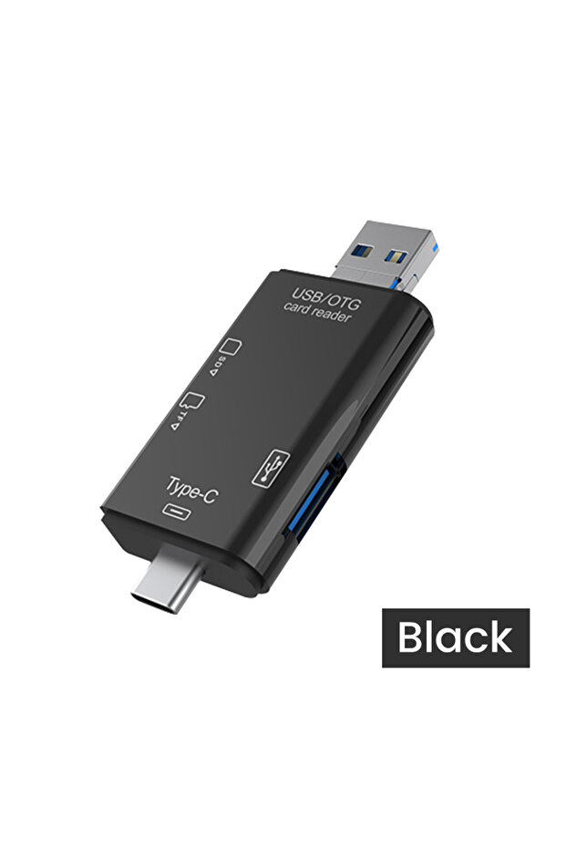 قارئ بطاقات USB نوع C أسود 6 في 1 متعدد الوظائف OTG مع منفذ USB 3.0 وقارئ بطاقات مايكرو TF SD ومحول USB
