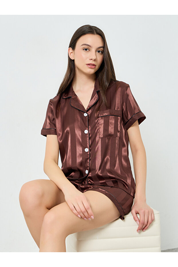 Coffee Brown Striped Piping Shirt and Short Set