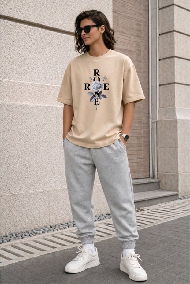 Women's / Girls' Oversize Grey Rose Thsort Tracksuit Set - Rose Printed Oversize T-Shirt & Jogger Pants