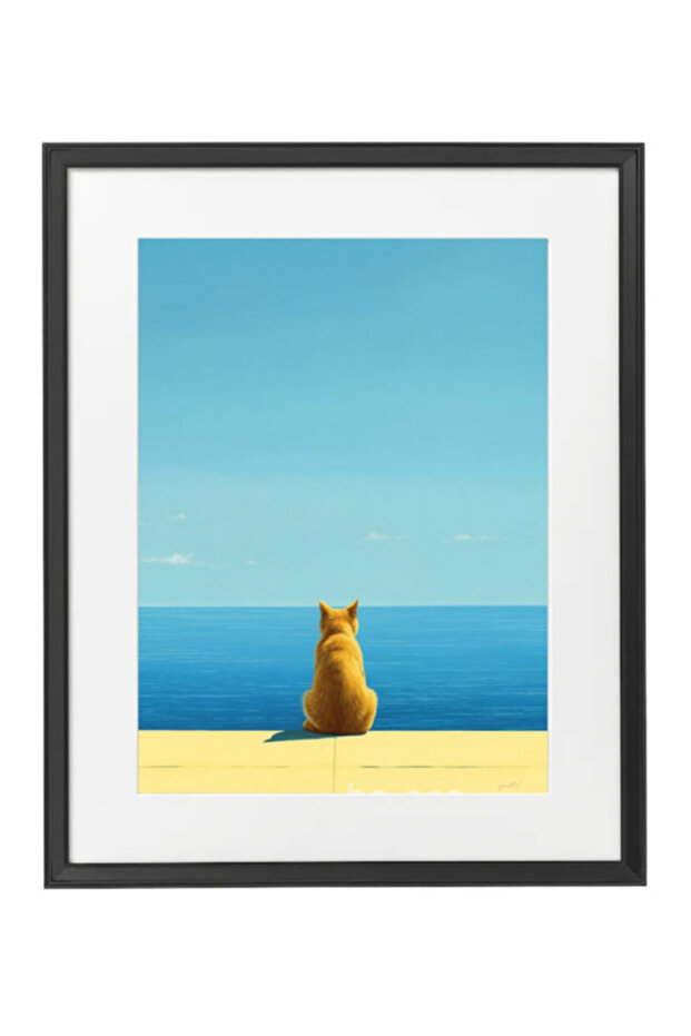 Tabby Cat, Minimalist Ocean View, Blue Skies Poster with Frame 50x40cm