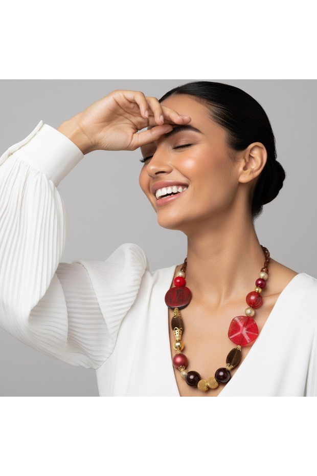 Burgundy Red Pink Brown Gold Beaded Multi-Design Necklace