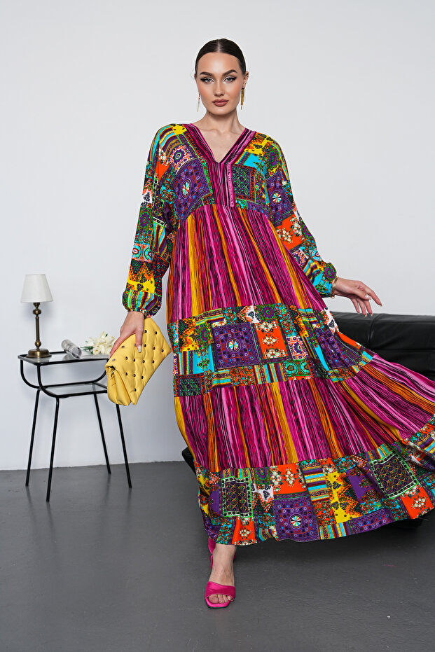 Full Length Patchwork Long Sleeve Dress - 3
