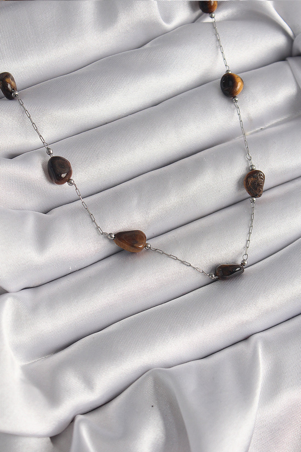 316L Steel Silver Color Chain Brown Natural Stone Model Women's Necklace 5886