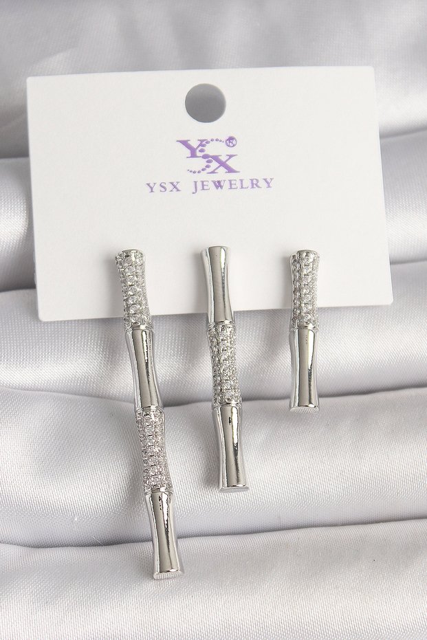 Brass Silver Color Zircon Stone Bamboo Model 3& # 039;LÜ Women's Combination Earrings 5886 - Teolsa4221-8