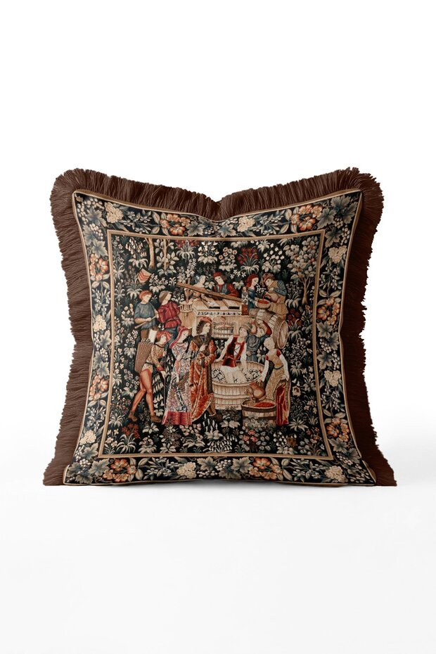 Medieval Garden Scene Fringed Throw Pillow Cover - Brown Tassel Tapestry Pillowcase