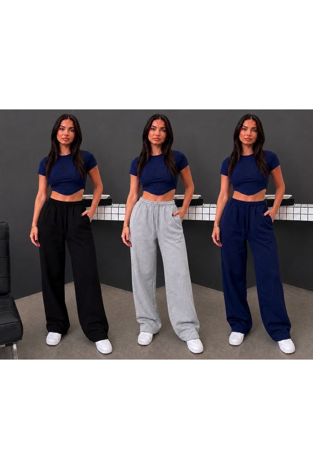 3 Pieces of Black, Gray, and Navy Blue Comfortable, Wide-Fit, Straight-Leg Sweatpants