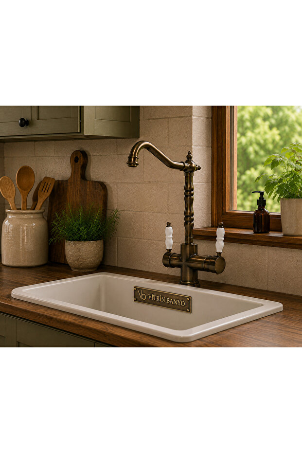 Country Model Kitchen Sink Faucet Antique - Double Inlet Decorative Rustic Faucet