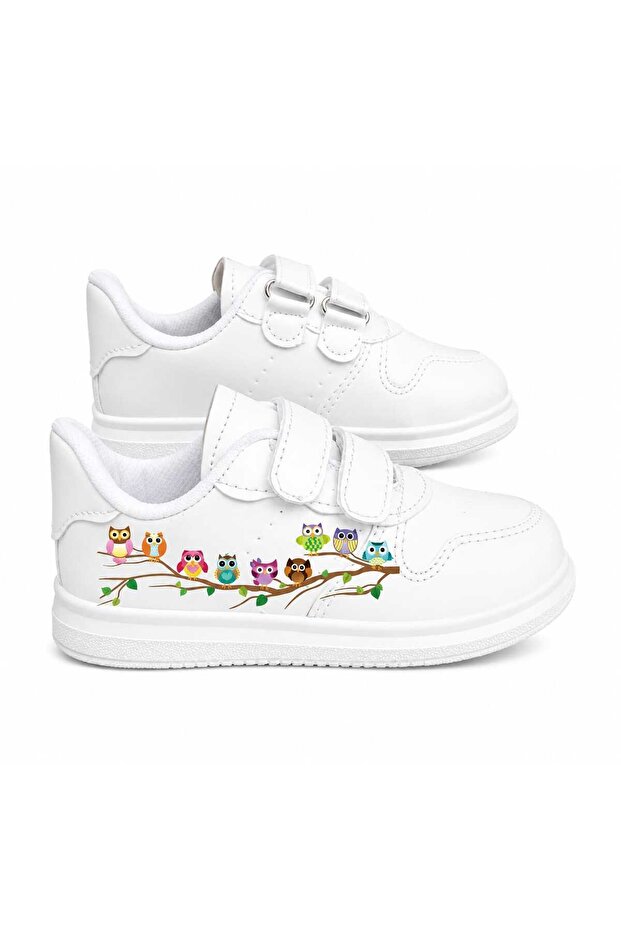 Tree Branch Owls Printed White Band Children's Sports Shoes Sneaker