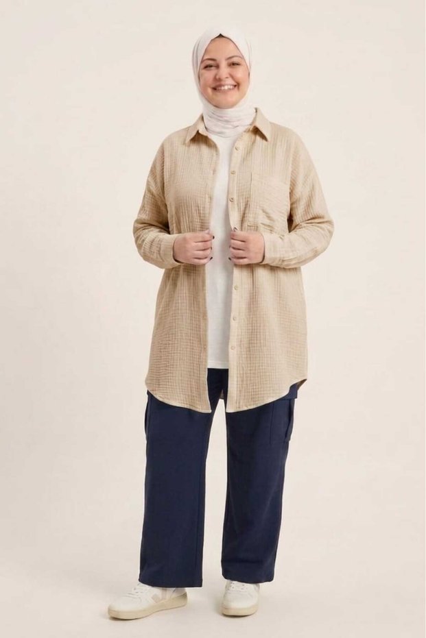 Beige Color Large Size Wide Fit 100% Cotton Muslin Fabric Women's Shirt Tunic - Hac and Umrah Compliant