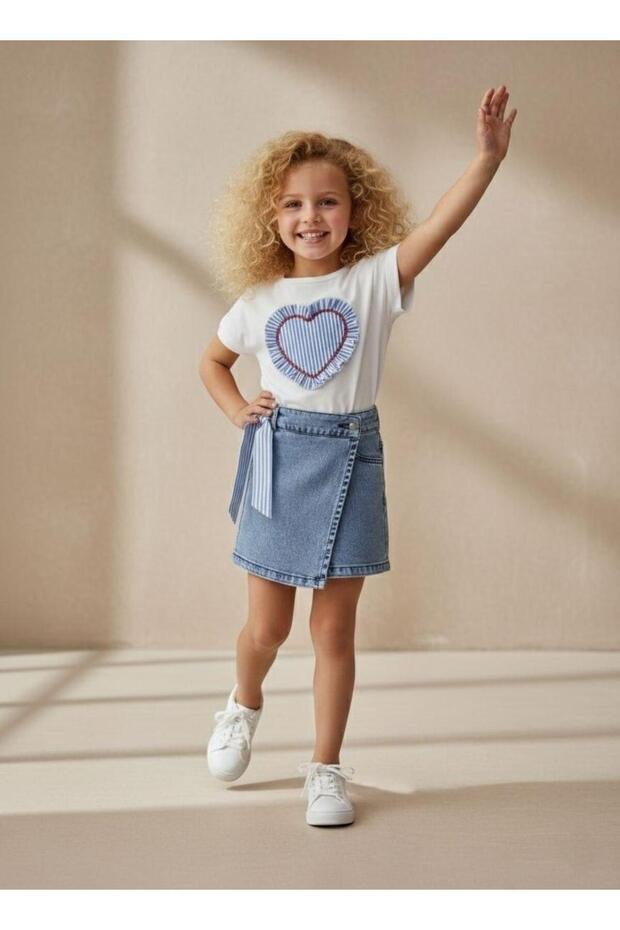 Embroidered T-Shirt Set with Denim Skirt