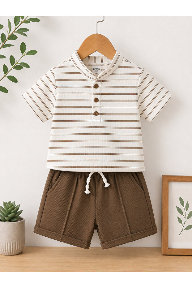 Double Striped Buttoned Waffle Fabric Boys' Summer Suit