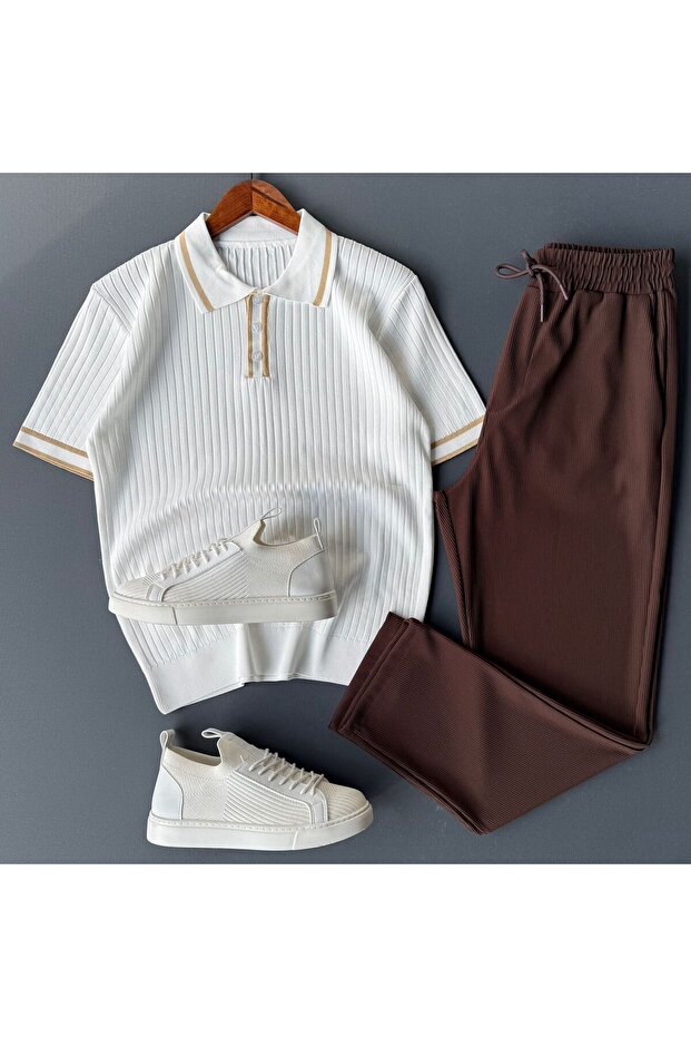 Striped Knitwear T-Shirt + Ribbed Trousers 2-Piece Combination