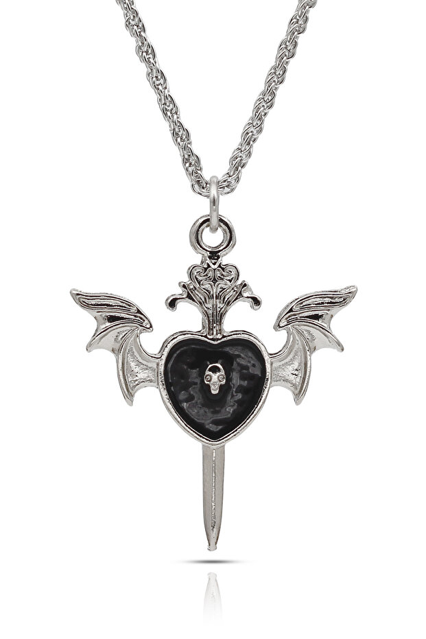 Gothic heart sword pendant bat winged skull necklace - black enamel silver color with twisted chain