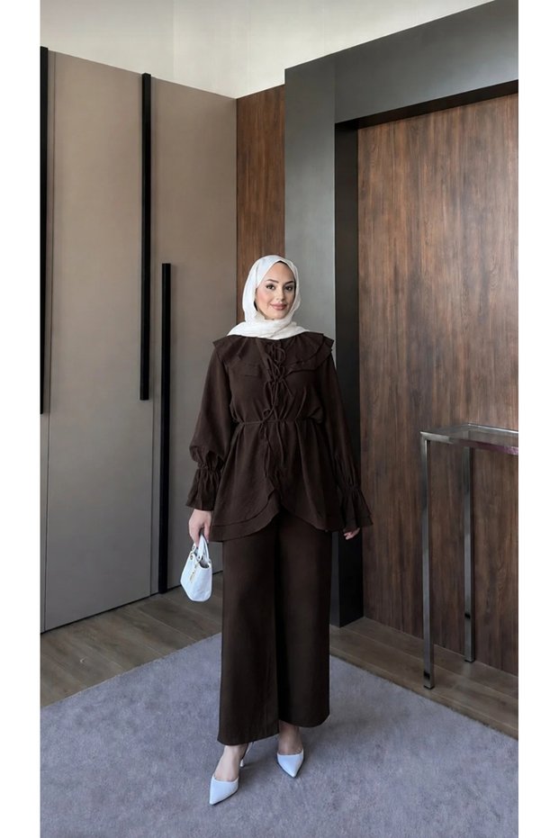 Women's Collar Sleeve Detailed Waist Drawstring Trousers Set -0750