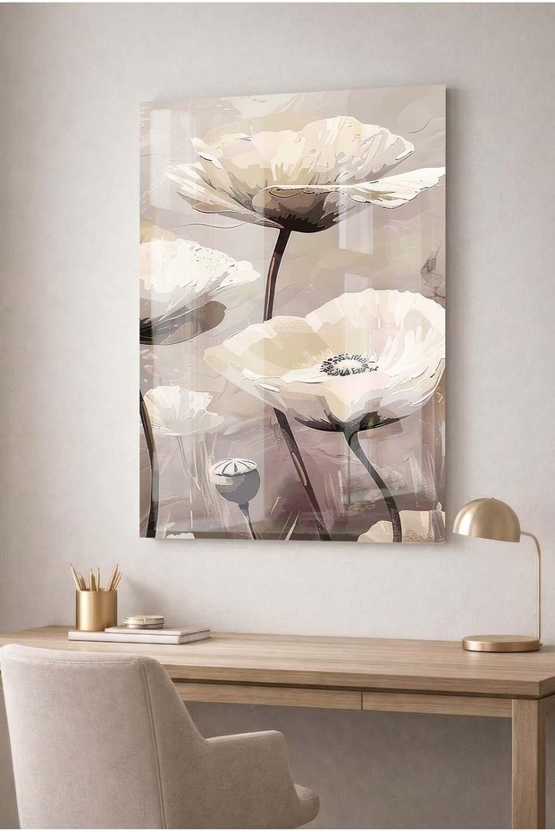 Beige and Cream Abstract Floral Decorative Tempered Glass Painting - Business, Home and School Painting