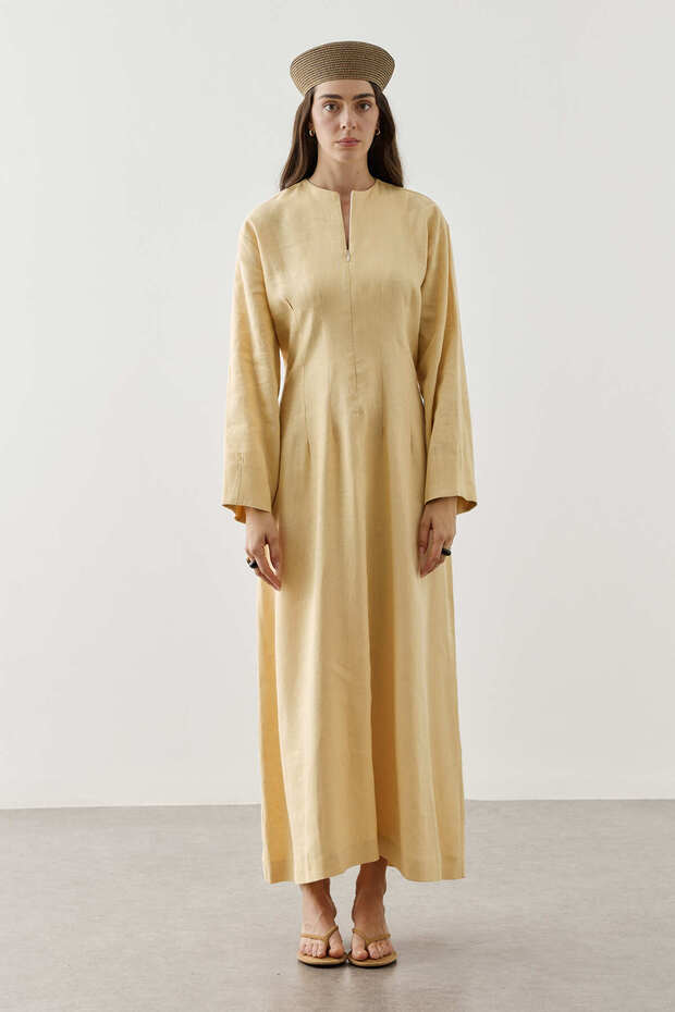 Linen Pleated Zippered Dress Yellow