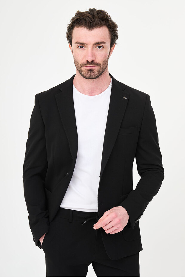 Textured Slim Fit Mono Collar Men's Jacket with Pocket Black - 41500.26Y