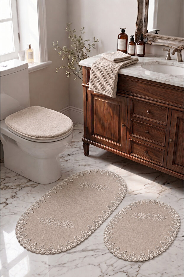 Mink 3-Piece French Lace Luxury Bath Mat Non-Slip Dowry Oval Bath Mat Set Lauris